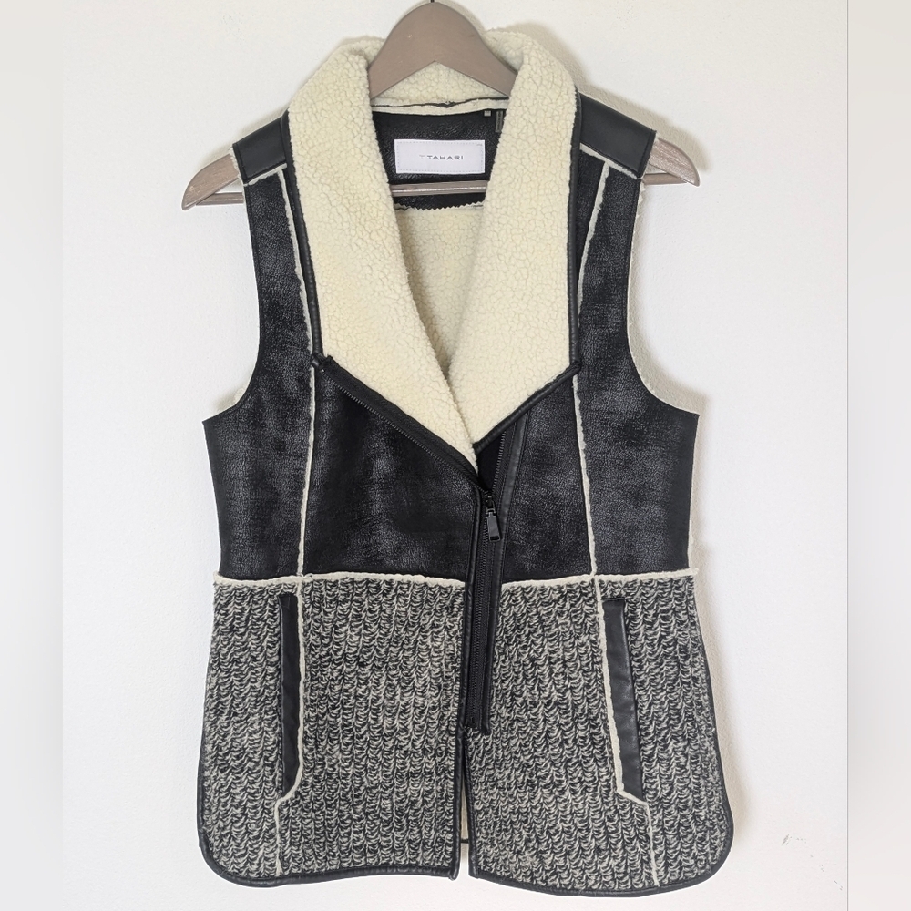 T Tahari Bias Zip Winter Vest Fur Faux Suede Winter Warm Sherpa Size XS Black